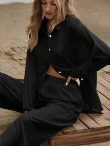 Conjunto camisa larga bajo con abertura con pantalones de pierna ancha - Negro - Ver 6