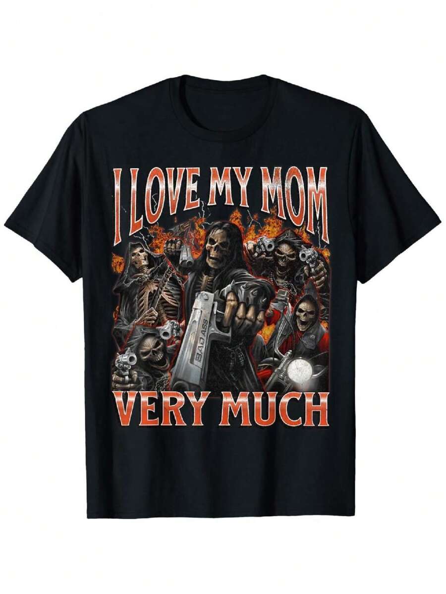 Funny Skeleton Meme T-Shirt - 100% Cotton 'i Love My Mom Very Much' Bootleg Tee - Black - View 1
