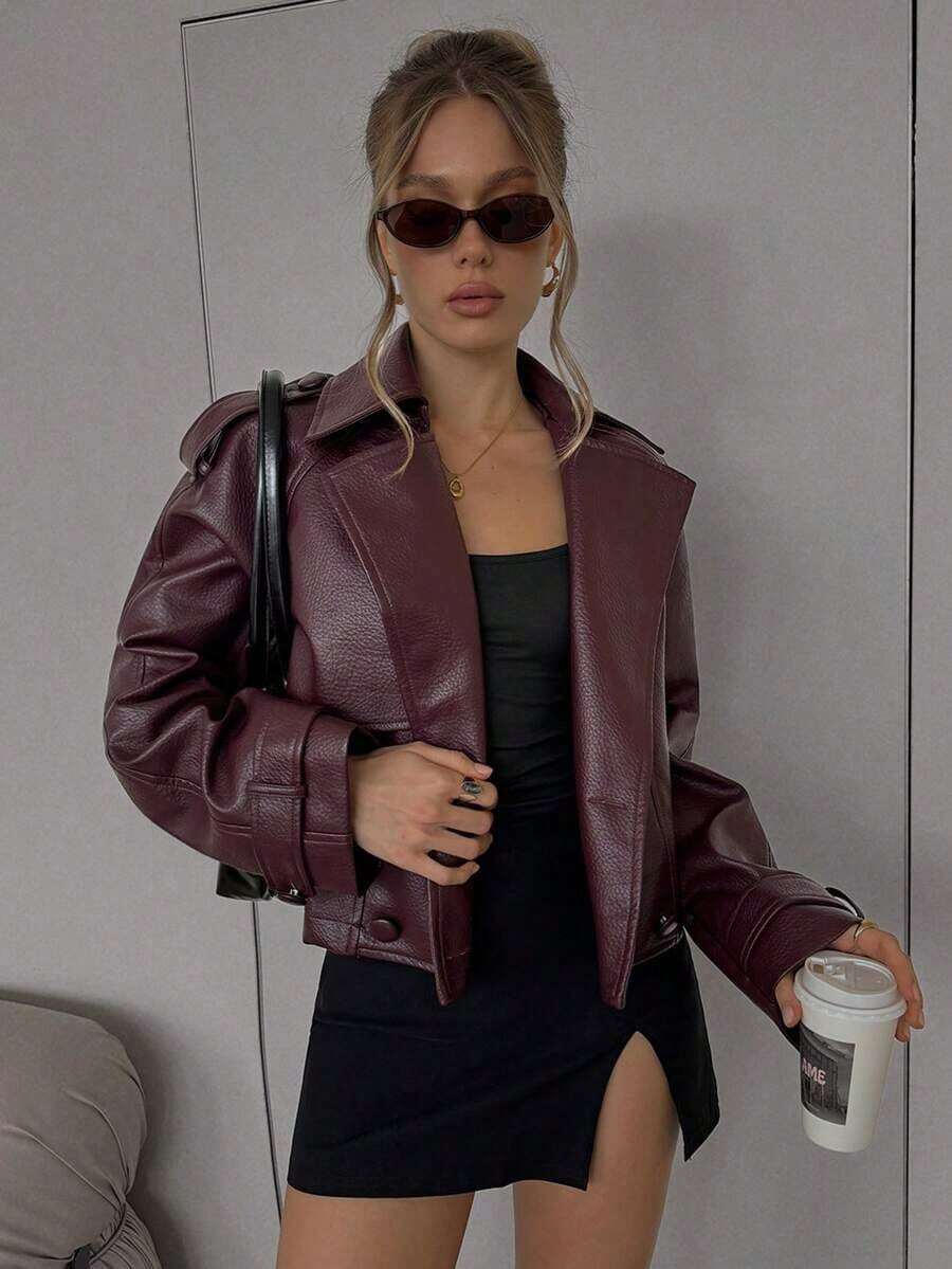 Abrigo de trinchera casual de manga larga con bolsillos y doble botonadura - Rojo violeta - Ver 1