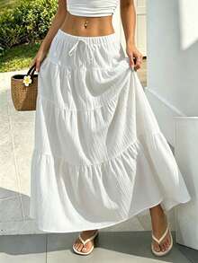 Plus Size Women's Spring/Summer Casual Solid Color Elastic Waist Tie-Up Patchwork Flared Loose Skirt - White 1 - View 3