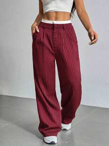 Pantalones anchos de mujer con pliegues y rayas, con cintura de bloques de color para otoño/invierno - Burdeos - Ver 5