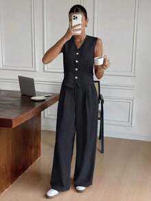 Conjunto de chaleco y pantalones casuales y de uso diario para mujer en otoño/invierno - Gris Oscuro 2 - Ver 3