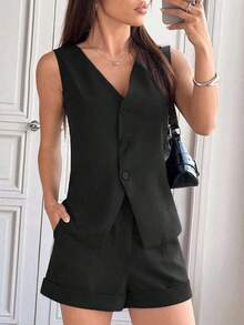 Conjunto de chaqueta sin mangas minimalista casual con botones delanteros y bajo con abertura, combinado con pantalones cortos con dobladillo plegado - Negro - Ver 5
