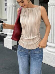 Blusa elegante de tela con pliegues, sin mangas y con cuello ancho, con cinturón en la cintura, para mujer, para primavera/verano - Albaricoque - Ver 4