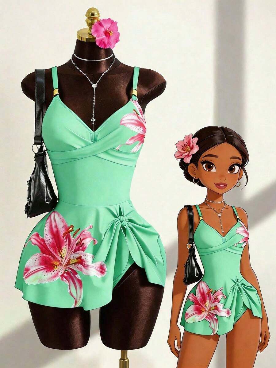 Conjunto de bikini de 2 piezas con estampado floral, accesorio de metal y correa ajustable, de caliente para vacaciones de primavera/verano y playa - Verde - Ver 1