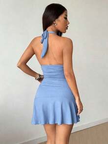 Vestido mini negro sexy con cuello de halter, estilo informal de playa y vacaciones, primavera/verano - Azul - Ver 2