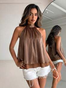 Camiseta sin mangas de gasa con cuello halter, fruncida y con línea A, de estilo bohemio minimalista y sexy, color morado berenjena, para primavera/verano - Marrón - Ver 4