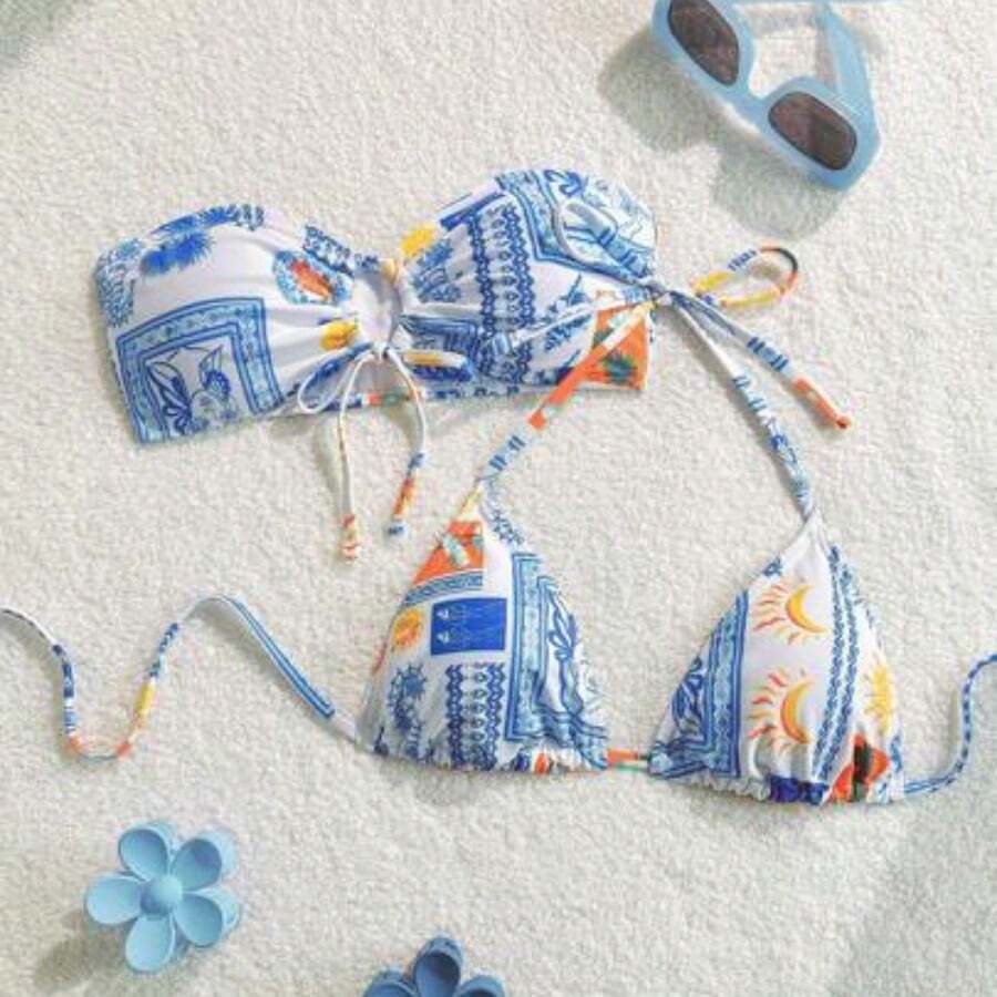 Swim Mod Women's Summer Beach Moon Print Halter Neck Tie Bikini Top - Multicolor - Ver 1