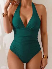 Traje de baño de una pieza con control de abdomen, estilo minimalista de unicolor, con escote halter y espalda descubierta, para vacaciones de verano en la playa - Verde - Ver 4