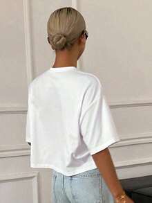 Blusa casual de verano para mujer con cuello redondo, manga corta suelta y 3D plisada con flor - Blanco 5 - Ver 2