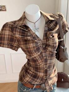Camisa casual de mujer de manga corta abullonada, de un solo pecho, a rayas azules, ropa de verano - Marrón - Ver 4
