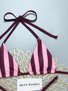 Conjunto de bikini de rayas coloridas y sexy para primavera/verano 2026, traje de baño de estilo minimalista de tres puntos para mujeres jóvenes - Multicolor 7 - Ver 5