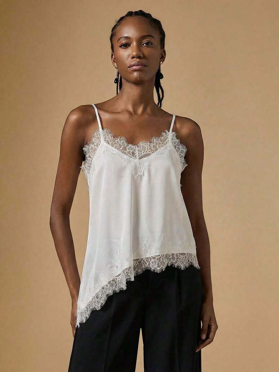 Camiseta de mujer de verano con encaje asimétrico, top blanco, regalo de San Valentín para mujeres, top elegante de mujer, top de verano, vacaciones de mujer, estilo de dinero antiguo / Top camisero de mujer con ribete de encaje de satén y cuello - Albaricoque - Ver 1