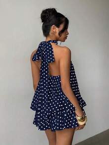 Vestido mini elegante de mujer con estampado de lunares y escote halter sin espalda - Azul marino - Ver 2