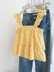 Blusa holgada sin mangas de estilo casual a cuadros para mujer, versátil para el verano - Amarillo - Ver 2