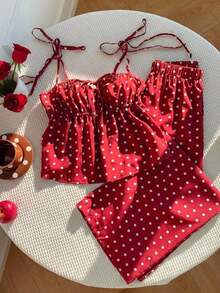 Conjunto de 2 piezas de top tipo camisola con hombros retorcidos y estampado de lunares, y pantalones de pierna ancha, para mujer, estilo casual de verano, retro y de playa - Rojo - Ver 3