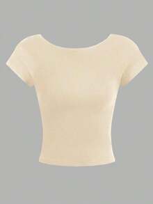 4 piezas Camisetas de mujer de unicolor casual, de cuello redondo, ajustadas y con espalda calada, adecuadas para el verano - Multicolor 13 - Ver 8