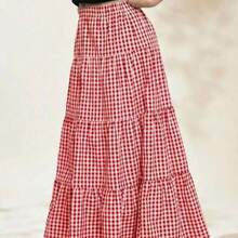 Plaid Print High Waist Ruffle Hem Skirt - Rojo - Ver 1