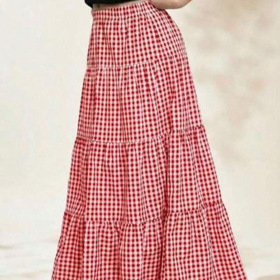 Plaid Print High Waist Ruffle Hem Skirt - Rojo - Ver 1