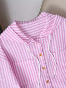 Camisa con capucha holgada con cordón de rayas azules y blancas para mujer, nueva para primavera/otoño - Rosa - Ver 3