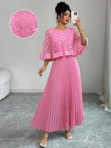 Vestido con decoración floral elegante y bajo plisado, adecuado para bodas, fiestas de cumpleaños y otras ocasiones, otoño - Rosa - Ver 1
