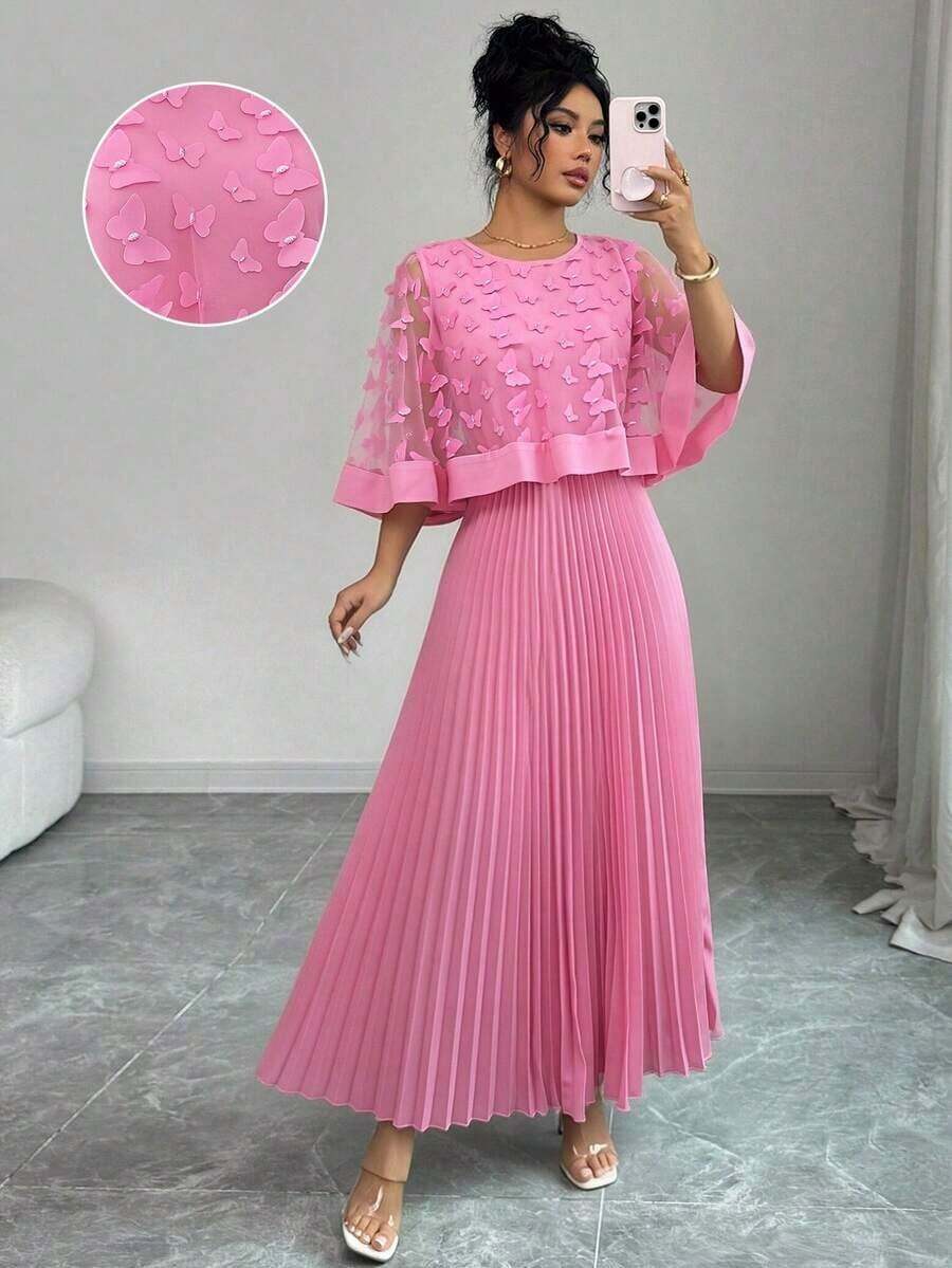 Vestido con decoración floral elegante y bajo plisado, adecuado para bodas, fiestas de cumpleaños y otras ocasiones, otoño - Rosa - Ver 1