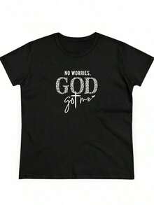 Camiseta de Mujer "God Got Me", Cuello Redondo, Cómoda, Casual, de Mezcla, Manga Corta, Suave y Transpirable, Ropa de Mujer, Camiseta de Verano y Primavera, Estilo Urbano. - Negro - Ver 2