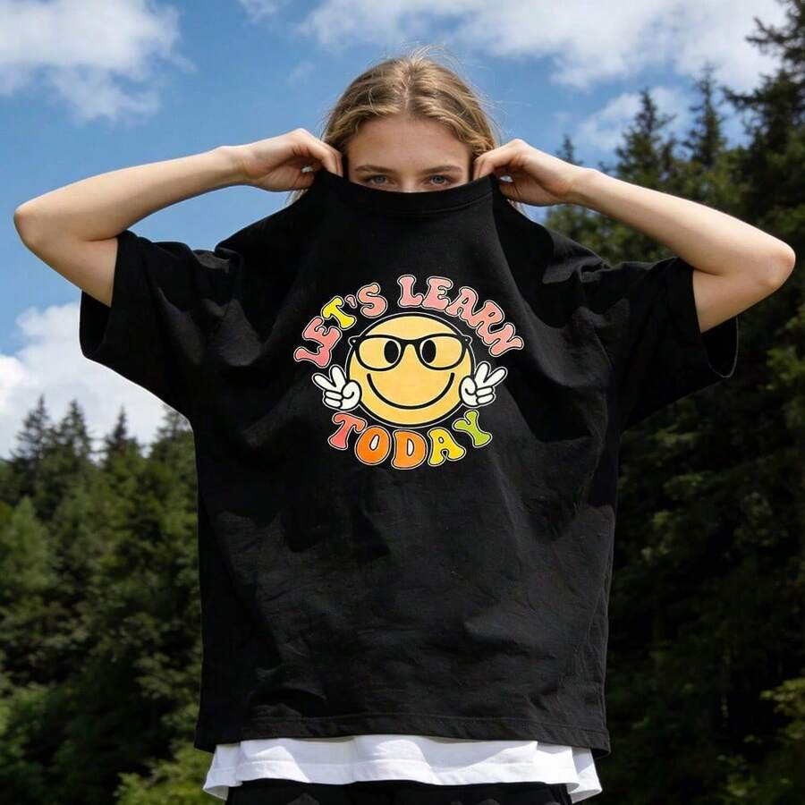 Women's Summer Clothing, Soft Cotton Casual T-Shirt With Round Neck, Printed With The Phrase "Let's Learn Today" And A Smiling Face With Glasses. White. - 黑色 - 查看 1