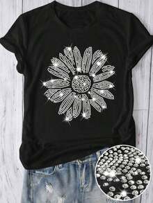 Camiseta de Mujer con Estampado Floral y Brillantes, Cuello Redondo, Manga Corta, Estilo Casual para Uso Diario - Blanco - Ver 8