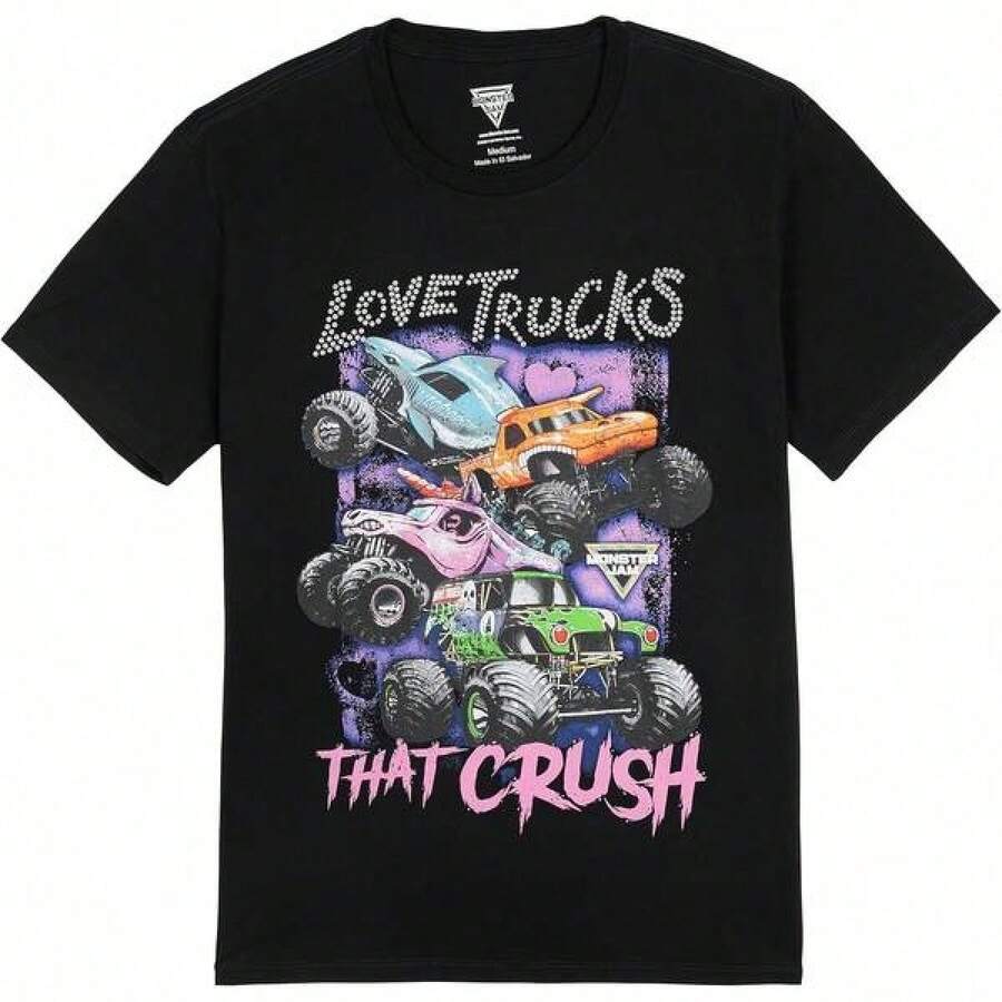 Camiseta con estampado, tallas grandes de camisetas de algodón con gráficos, camiseta de mujer Monster Jam Adult , El Toro Loco Megalodon, Y2K, camisa oversize - Negro - Ver 1