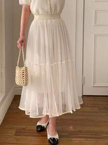 Falda elegante de línea A con cintura elástica y malla de unicolor para mujer, de verano - Albaricoque - Ver 7