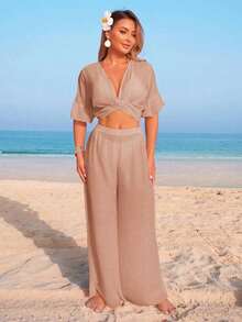 Conjunto de vacaciones de verano para mujer con top corto de manga corta con volantes y escote en V sin espalda, pantalón de pierna ancha y cubrecuerpo - Caqui - Ver 6