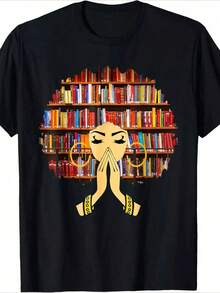 Camisetas de verano PAYEAH 1 Pieza 100% Algodón Camiseta de Algodón Grueso de 220g con Estampado 'Magic Afro Book Love Literacy Librarian' Ropa de verano - Negro - Ver 1