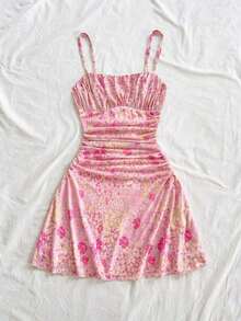 Vestido mini de tirantes finos con línea A, con estampado floral romántico rosa, apropiado para fiesta, cita, Día de San Valentín, Pascua, carnaval, crucero de playa, té de la tarde, moda de primavera/verano - Multicolor 7 - Ver 3