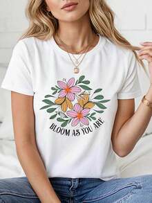 Camiseta flor tema de la mujer como usted es - rosa-amarillo flor y eslogan decoración de manga corta informal, fresco suave diario Vibe Top - Blanco - Ver 2