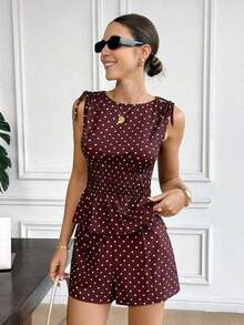 2 piezas Conjunto casual de mujer con blusa con volantes y lunares y shorts - Rojo violeta - Ver 7