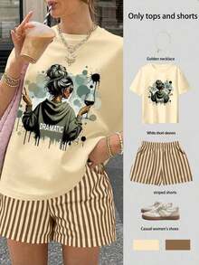 Conjunto de 2 piezas de camiseta de manga corta y pantalones cortos con estampado de corazones y rayas, para uso casual y de vacaciones de mujer - Multicolor - Ver 5