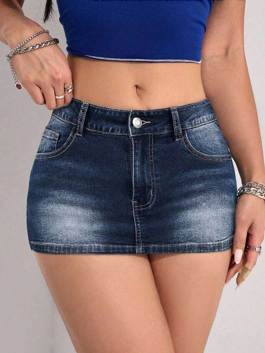 Minifalda vaquera sexy para mujer, de verano - Azul lavado oscuro 2 - Ver 1