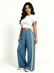 Pantalones largos con cordón y rayas laterales para mujer - Azul - Ver 2