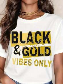 "Only Gold Vibes" T-Shirt - Gold Color With Bold Text Print - Perfect For Casual Wear, Parties And Urban Style Events. - 白色 - 查看 7