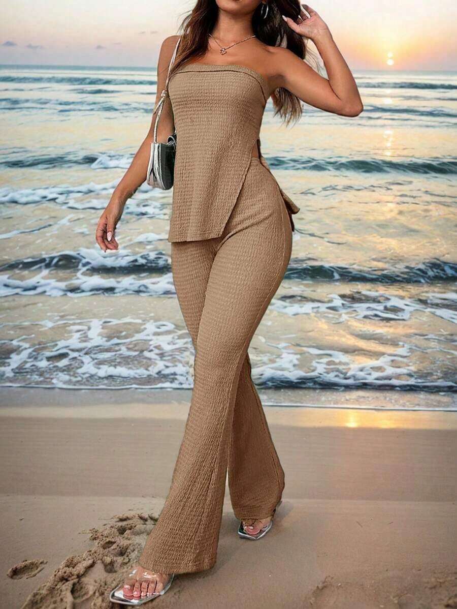 Conjunto de top bandeau y falda larga con abertura alta en color verde sólido para mujer - Caqui - Ver 1