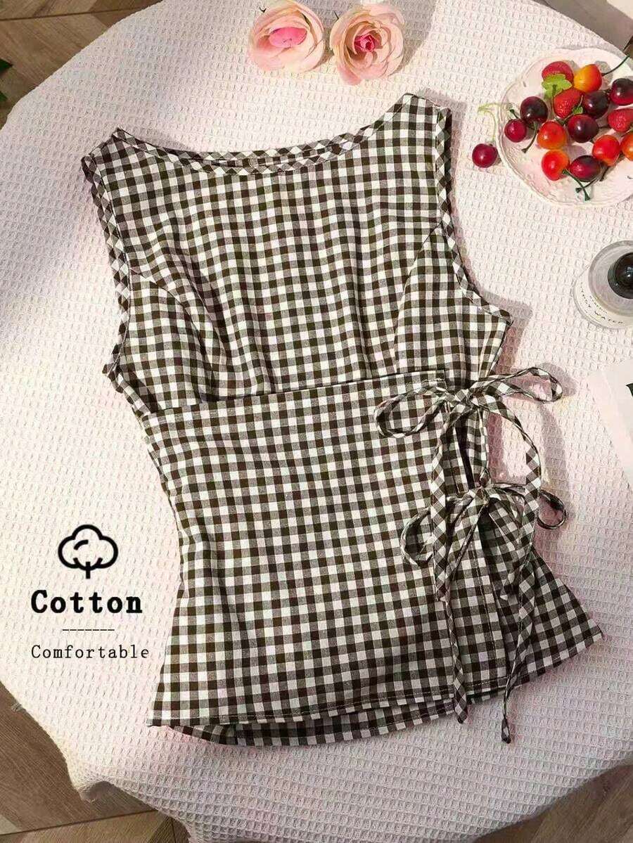 Camisa sin mangas con cuello redondo de estilo universitario retro y a cuadros, con un toque sexy.Nueva blusa de verano con cordones, de corte ajustado y delicado, con un estilo dulce y femenino para mujeres. - Café integral - Ver 1