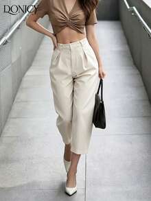 DONICY Pantalones anchos de tiro alto y plisados en color beige, con estilo de corte recto, adecuados tanto para uso casual como de oficina - Albaricoque - Ver 10