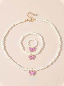 Set de 3 piezas de joyería para niñas con colgante de mariposa, collar con cuentas de perlas falsas, pulsera y anillo, adecuado para uso diario, festivales, fiestas y regalos de cumpleaños - Unitalla - Ver 13