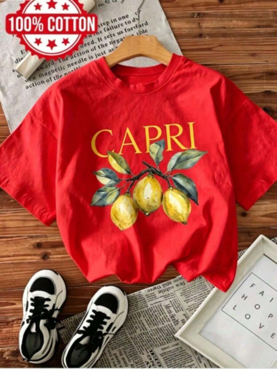 Gift | 1 Women's T-Shirt 100% Breathable Cotton | Short-Sleeved T-Shirt With Round Neck And Fresh Lemon Print - Ideal For Summer - 紅色的 - 查看 1
