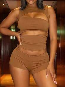 Khaki Round Neck Sleeveless Hollow-Out Back Tank Top And Shorts Set For Women, Casual Sexy Party Wear Summer - Khaki - View 8