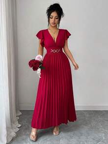 Nuevo vestido maxi elegante de ajuste ceñido para mujeres con cuello en V, mangas con volantes, tejido de unicolor, decoración de metal, diseño plisado, para fiesta de San Valentín, resort, cóctel - Rojo - Ver 5