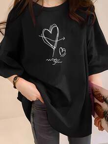 Talla Grande, Camiseta de Talla Grande para Mujer 1XL-5XL con Diseño de Línea de Latidos del Corazón y Letras - Blusa Casual de Manga Corta con Cuello Redondo, Tela de Elasticidad Media (Talla Grande-2Y237) - Ropa Casual para Primavera, Verano y Otoño, Lavable a Máquina para mayor comodidad. - Negro - Ver 7