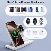 AmSengo 15W Fast Wireless Charging Stand 3-In-1 Foldable Charging Station Compatible With IPhone 16 15 14 13 12 11 Watch 9 8 7 6 5 Pro USB Power Supply - D27 White - - View 8