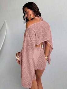 Conjunto de 2 piezas de mujer para primavera/verano con textura de jacquard, blusa tipo chal y minifalda de estilo envolvente, ropa de playa/resort para mujer - Rosa vieja - Ver 2
